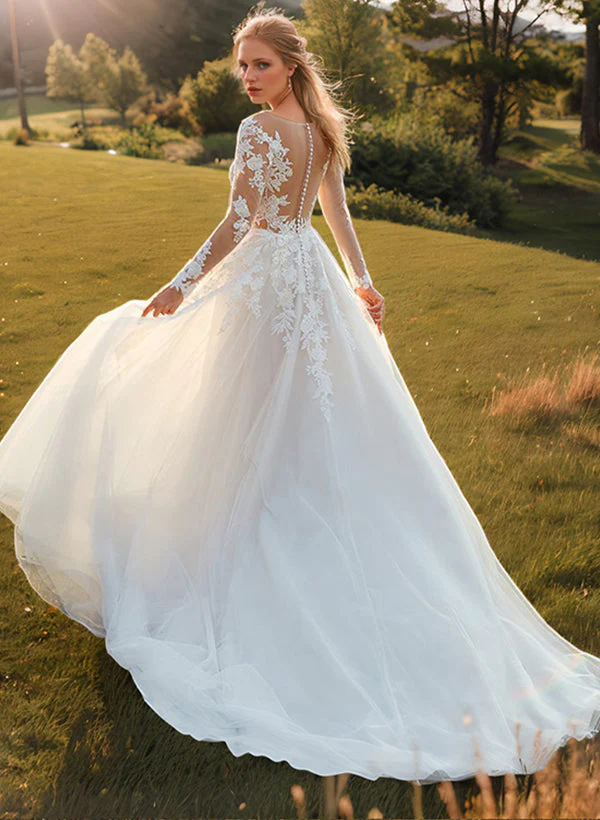 Romantic Tulle Long Sleeves Ball-Gown Lace Wedding Dresses - Image 3