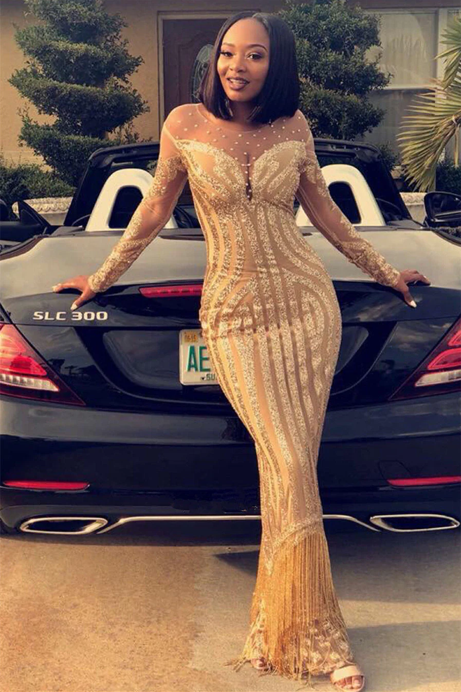 Round Mermaid Lace Sequined Beaded Floor-length Long Sleeve Prom Dress - Image 2
