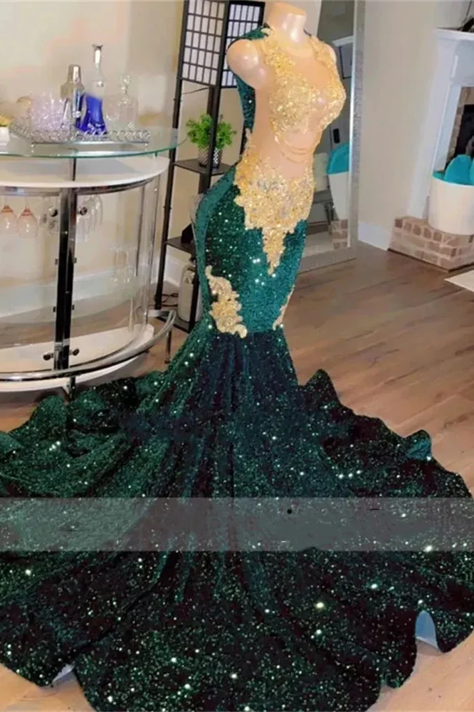 Round neck Dark Green Mermaid Court Train Sleeveless Prom Dresses - Image 2