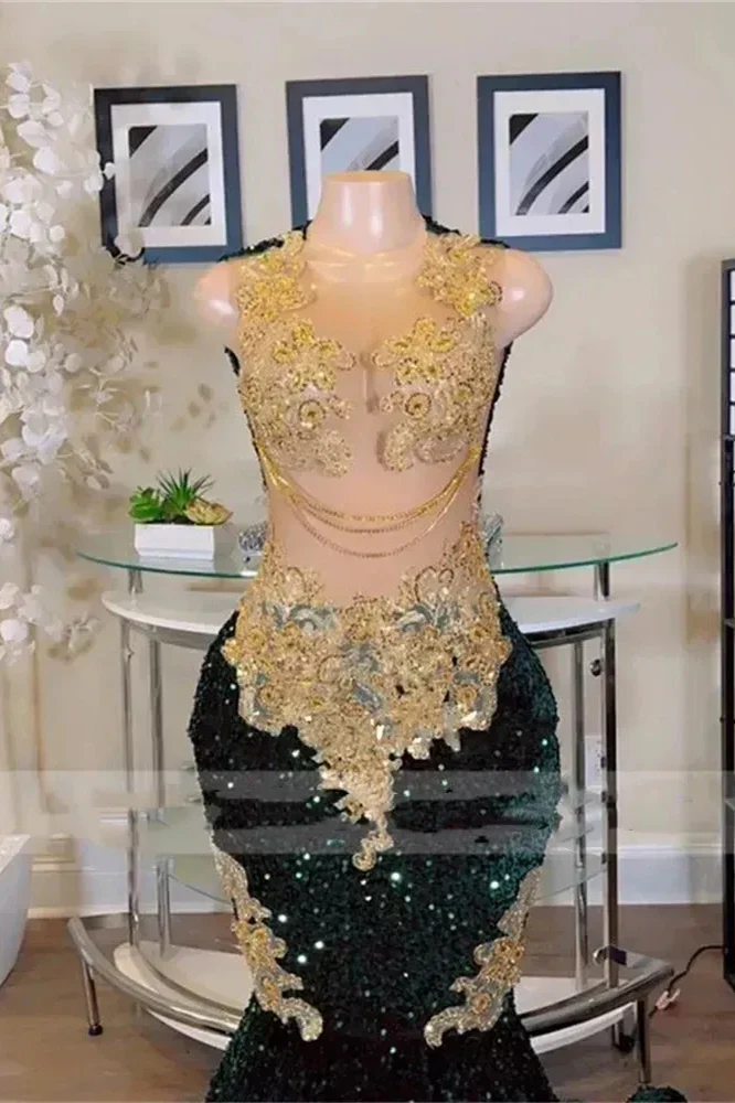 Round neck Dark Green Mermaid Court Train Sleeveless Prom Dresses - Image 3