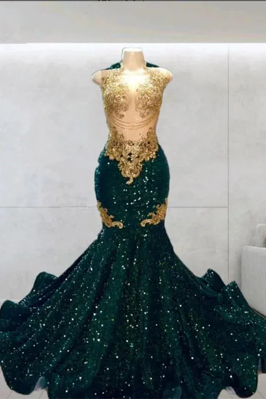 Round neck Dark Green Mermaid Court Train Sleeveless Prom Dresses - Image 4