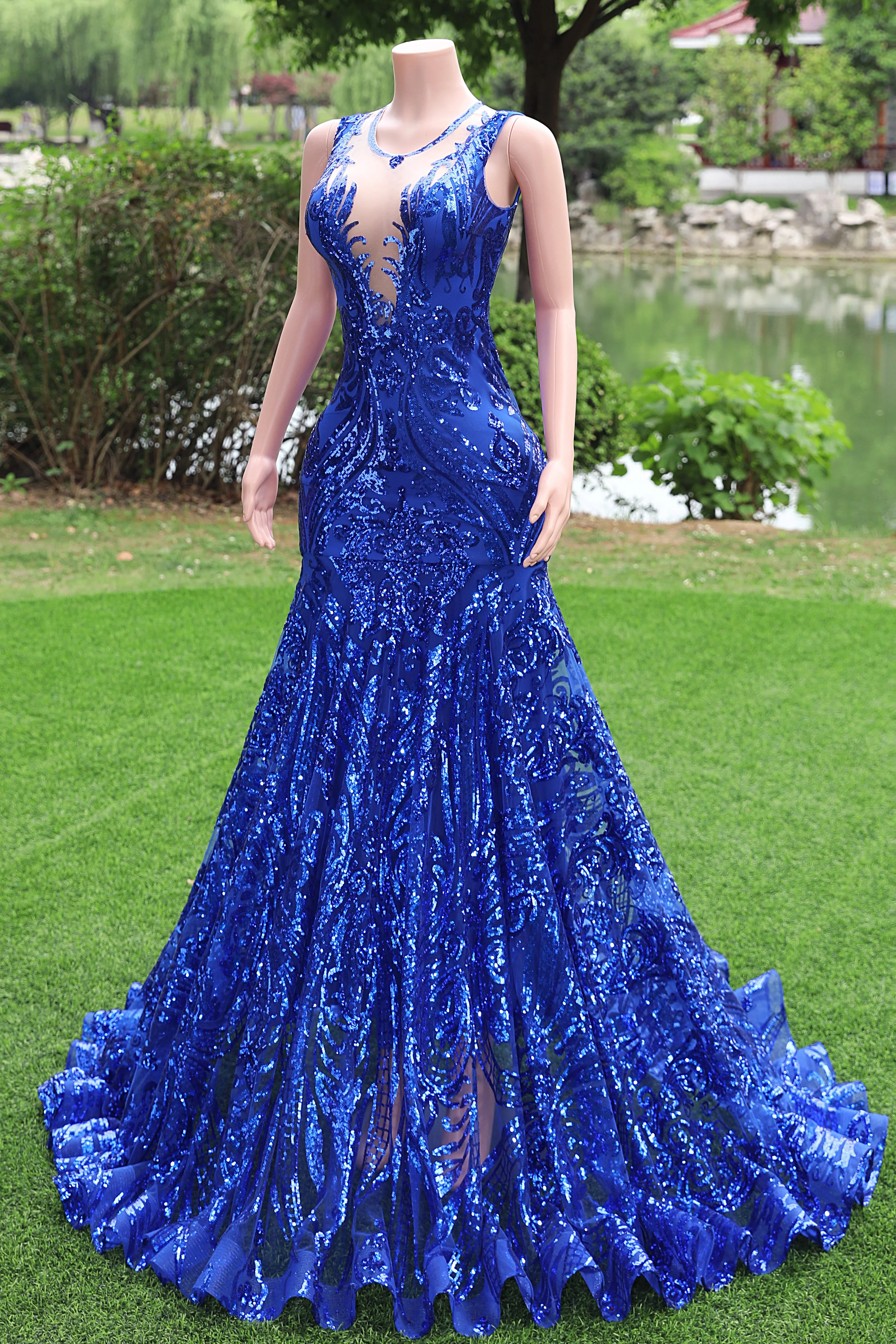 Round neck Royal Blue Mermaid Sequin Sparkle Prom Dresses - Image 2