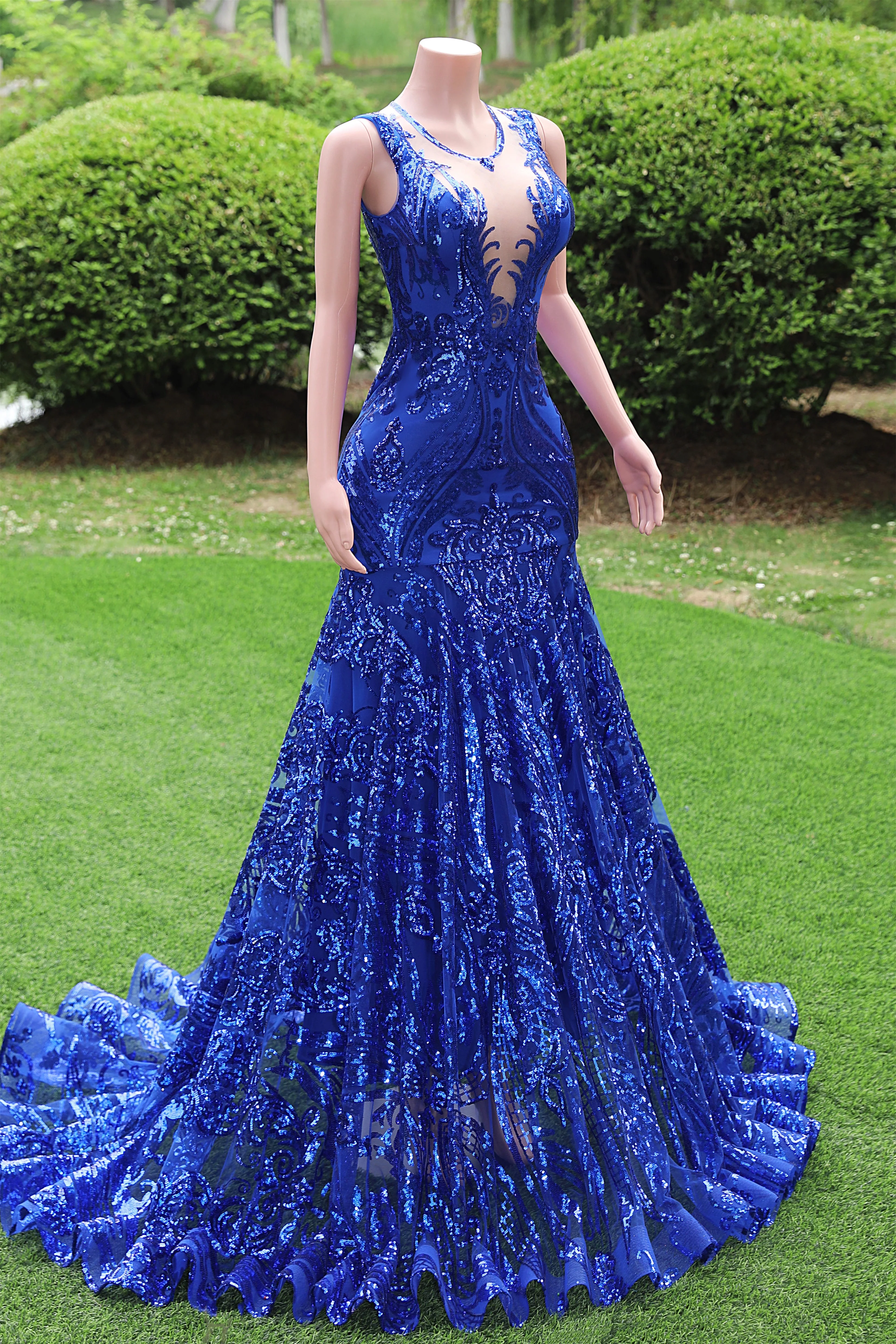 Round neck Royal Blue Mermaid Sequin Sparkle Prom Dresses - Image 6