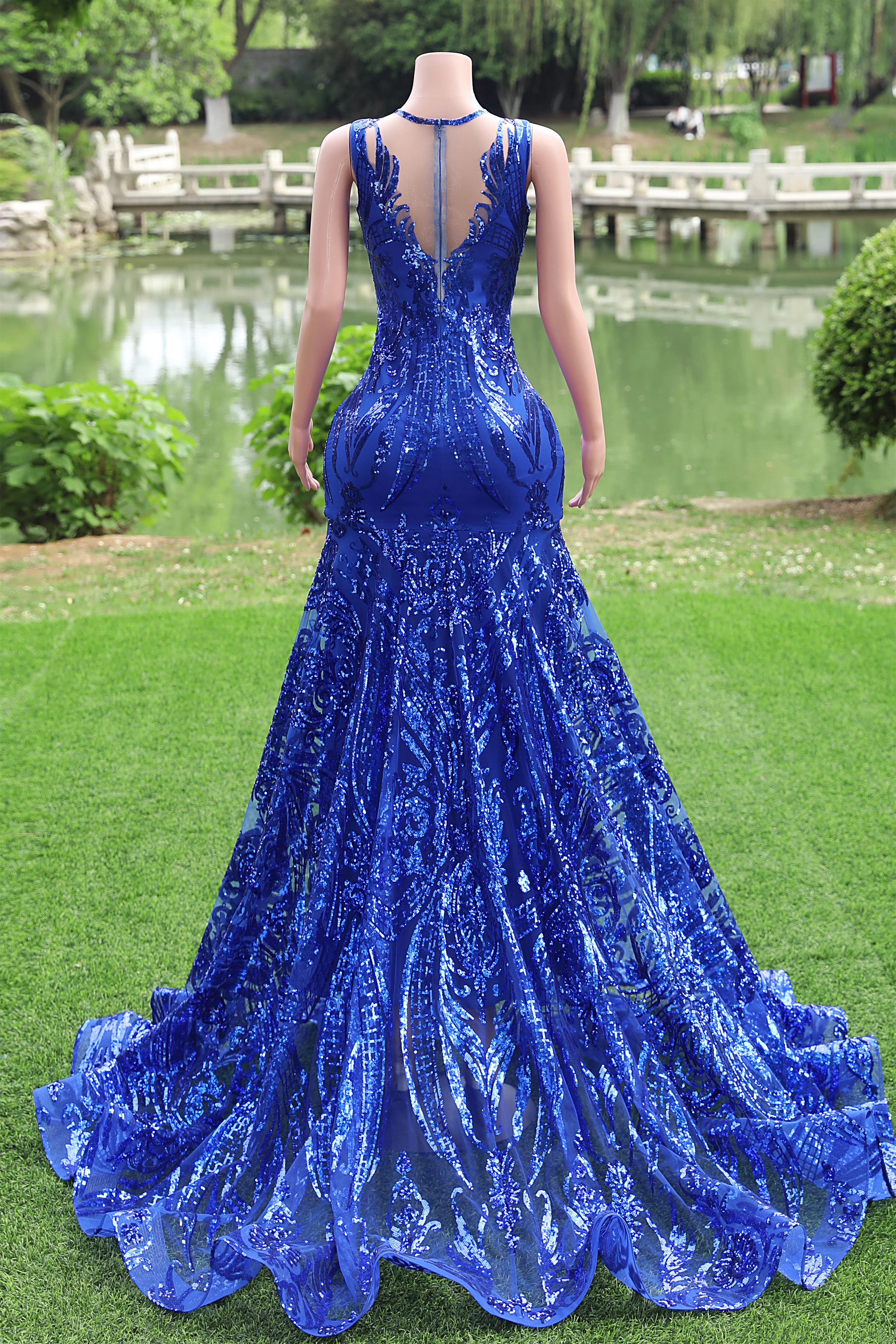 Round neck Royal Blue Mermaid Sequin Sparkle Prom Dresses - Image 7