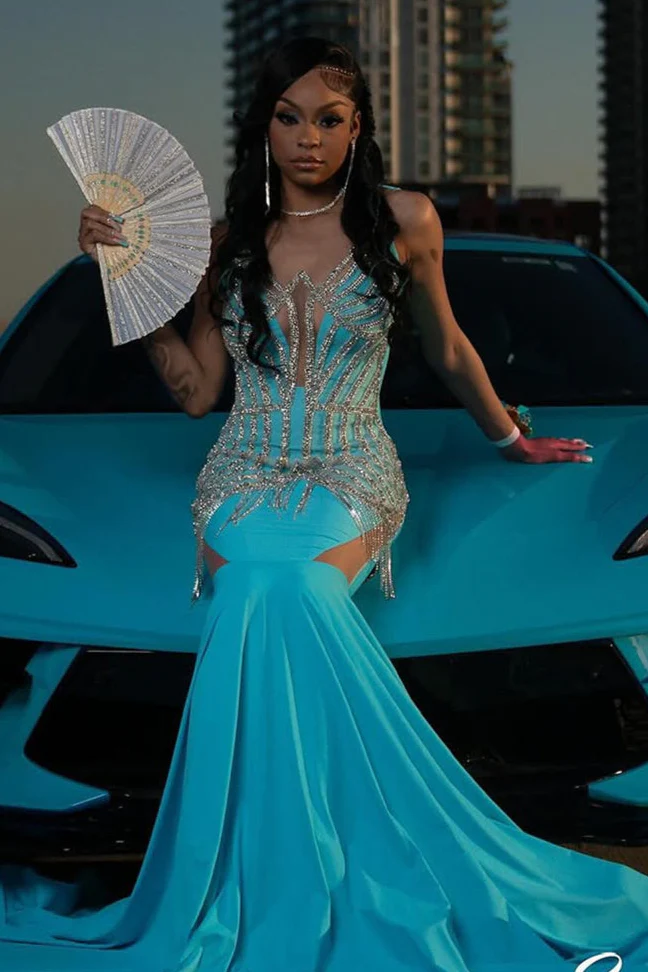 Round neck Silver Beaded Blue Mermaid Floor length Prom Dresses - Image 3