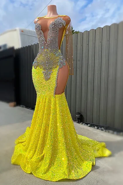 Round neck Silver Beaded Mermaid Yellow Sequin Prom Dresses - Image 2