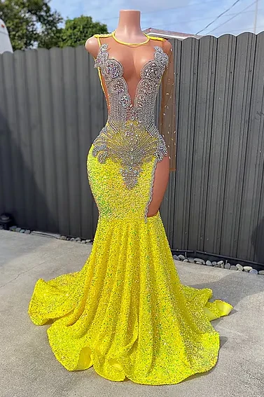 Round neck Silver Beaded Mermaid Yellow Sequin Prom Dresses - Image 3