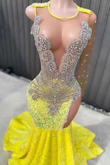 Round neck Silver Beaded Mermaid Yellow Sequin Prom Dresses - Image 4