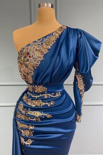 Royal Blue Asymmetric One Shoulder Stretch Satin Evening Prom Dresses with Appliques - Image 2