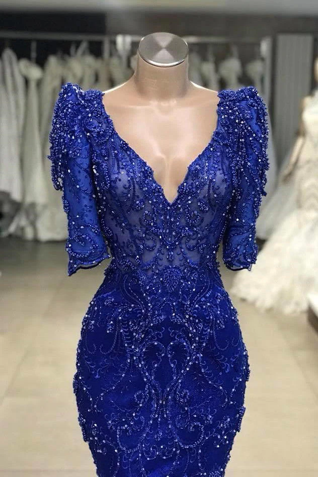 Royal blue Beaded Lace appliques 1/2 sleeve Mermaid Prom Party Gowns - Image 2