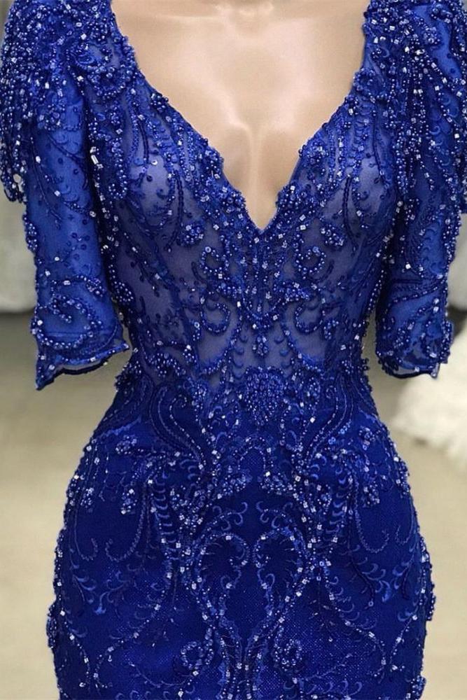 Royal blue Beaded Lace appliques 1/2 sleeve Mermaid Prom Party Gowns - Image 3