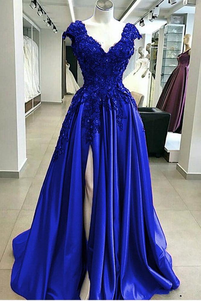 Royal Blue Cap sleeves V-neck High split A-line Evening Dresses - Image 2