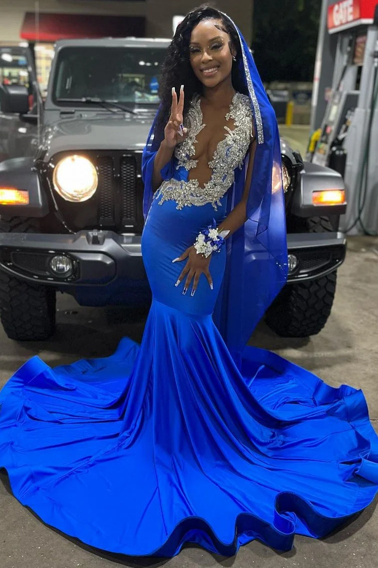 Royal Blue Deep V-neck Mermaid Court Train Long Prom Dresses - Image 2