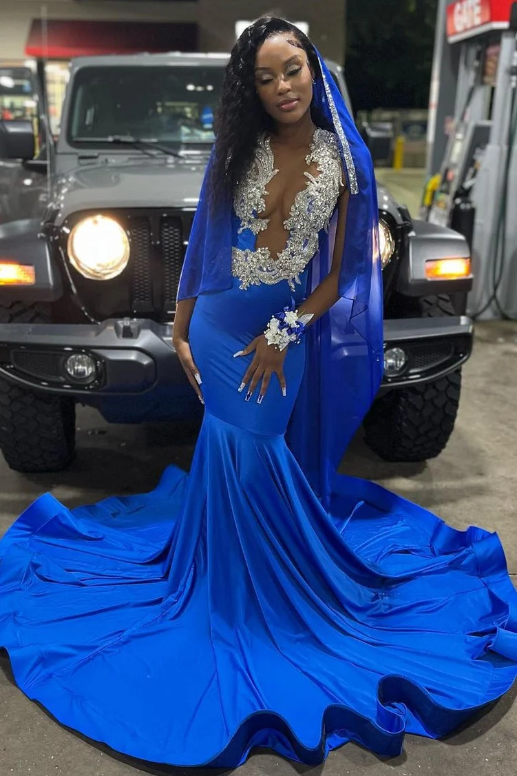 Royal Blue Deep V-neck Mermaid Court Train Long Prom Dresses - Image 3