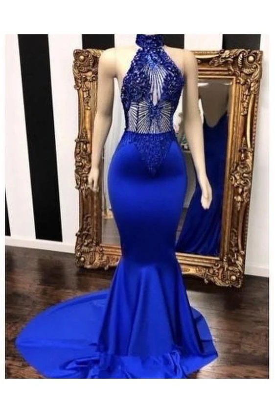 Royal Blue Halter Sleeveless Lace Beading Mermaid Long Prom Dresses - Image 2