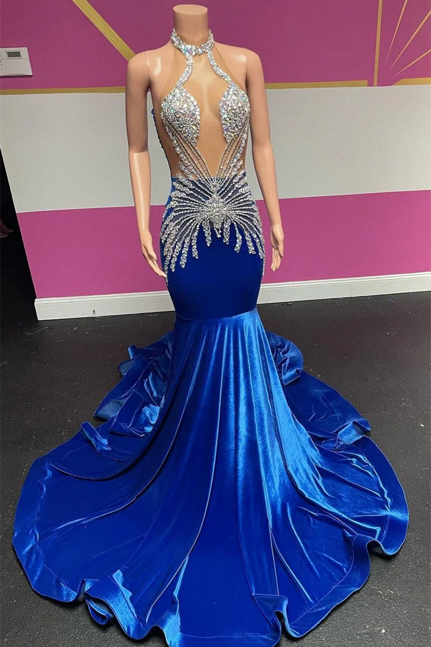 Royal Blue Halter Sleeveless Mermaid Prom Dresses With Beadings Velvet - Image 2