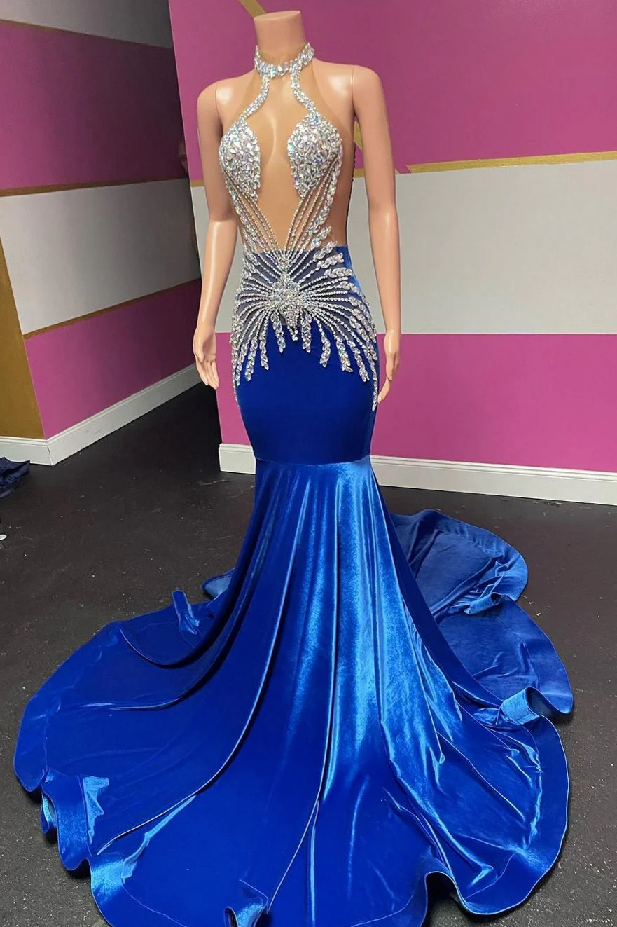 Royal Blue Halter Velvet Mermaid Silver Beaded Prom Dresses - Image 2