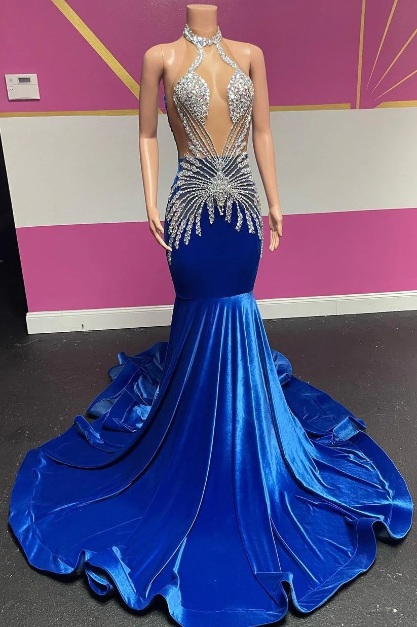 Royal Blue Halter Velvet Mermaid Silver Beaded Prom Dresses - Image 3