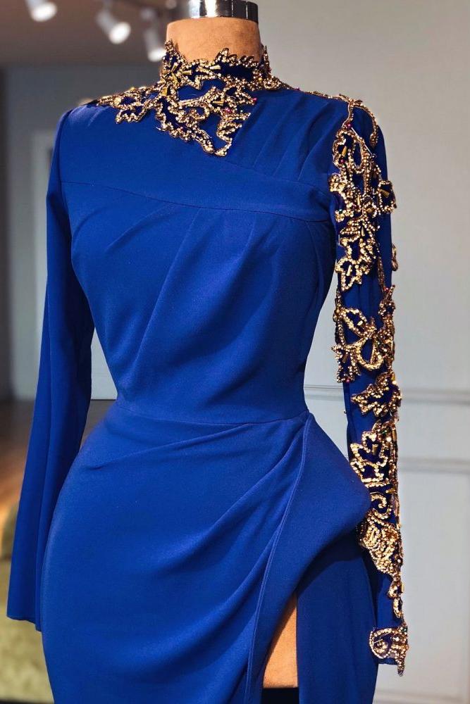 Royal Blue High Neck Side Slit Mermaid Prom Dresses Elegant Long Sleevess Appliques Evening Gowns - Image 2