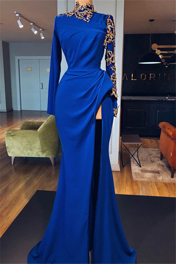 Royal Blue High Neck Side Slit Mermaid Prom Dresses Elegant Long Sleevess Appliques Evening Gowns - Image 3