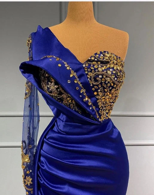 Elgeant Royal Blue One Shoulder Mermaid Prom Dresses with Sleeves - Image 2