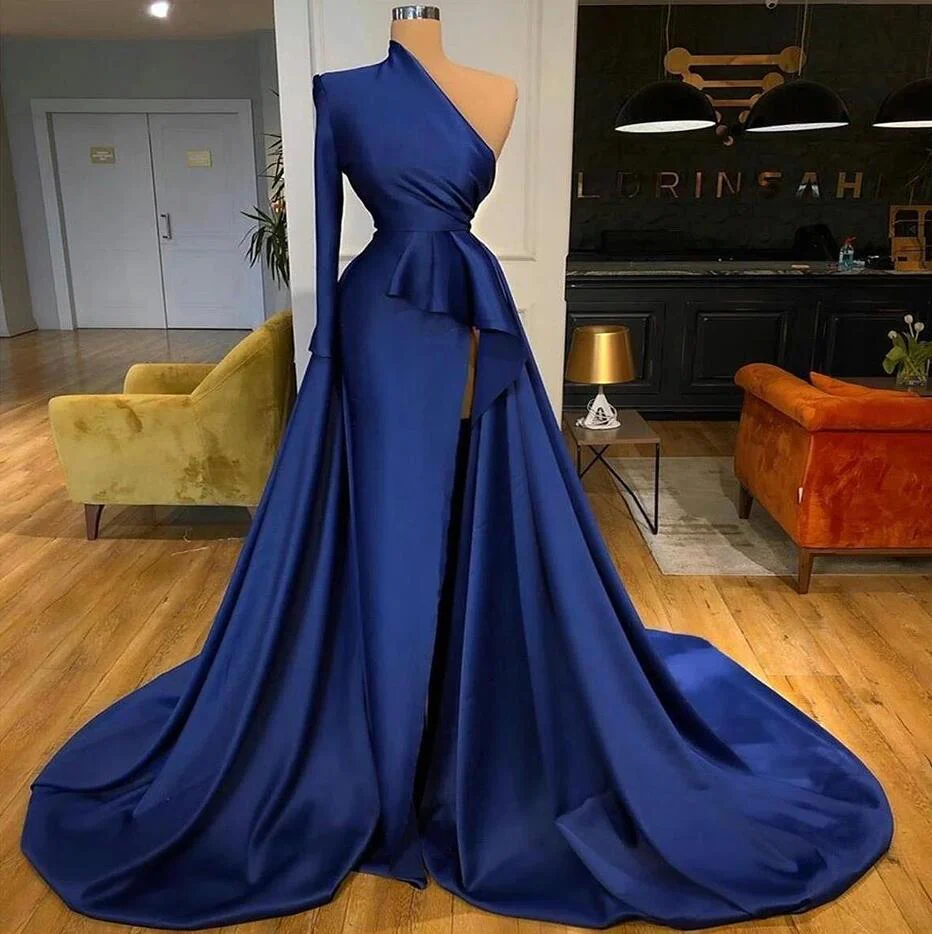 Royal Blue One Shoulder Long Sleeves Slit Prom Dress Overskirt - Image 2