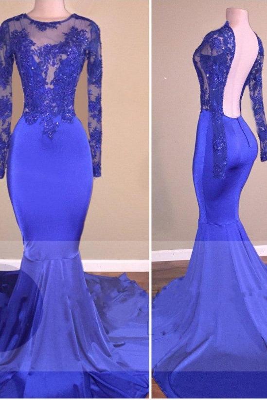 Royal-Blue Long-Sleeves Open-Back Mermaid Charming Sheer Prom Dresses - Image 2