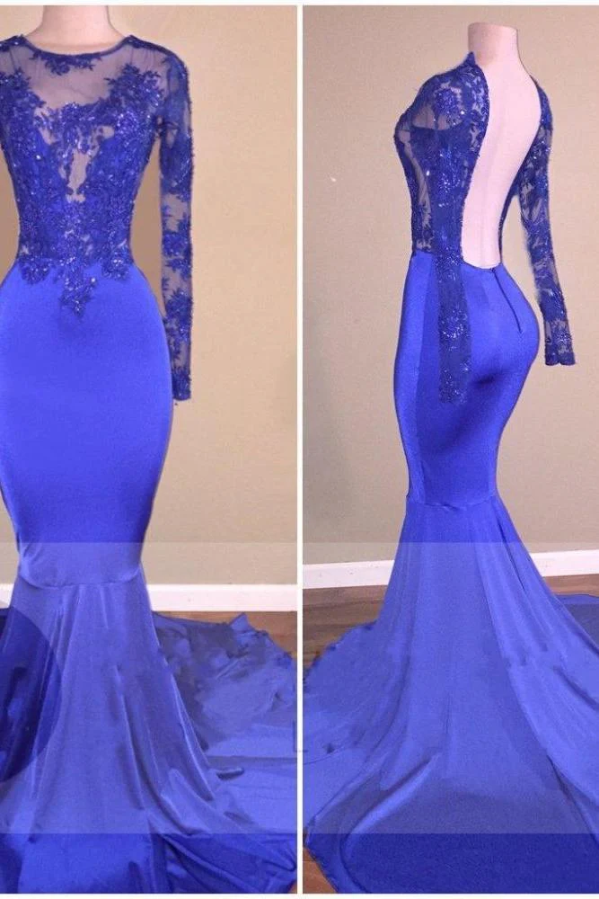 Royal-Blue Long-Sleeves Open-Back Mermaid Charming Sheer Prom Dresses - Image 3