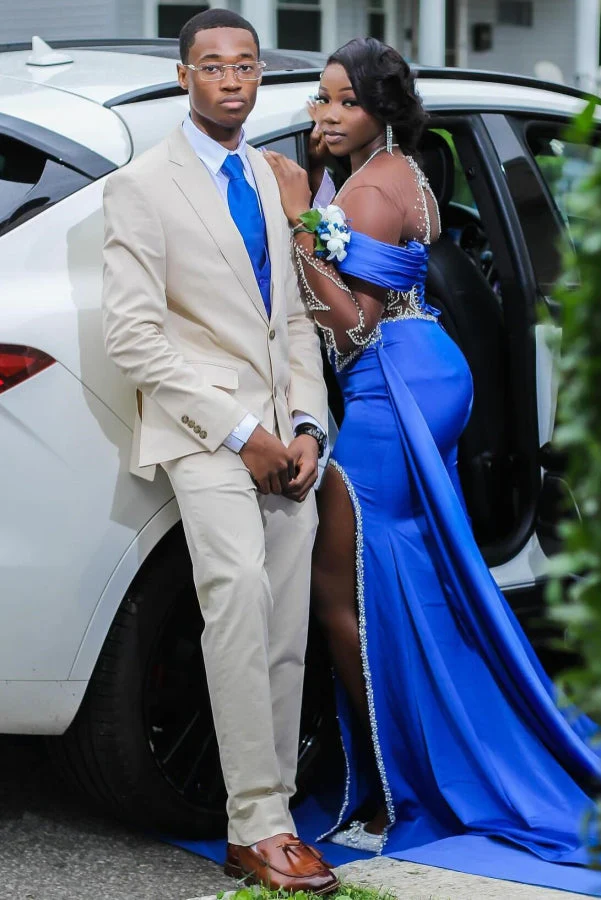 Royal Blue Long Sleeves Star Beadings Mermaid Side Slit Prom Dress - Image 2