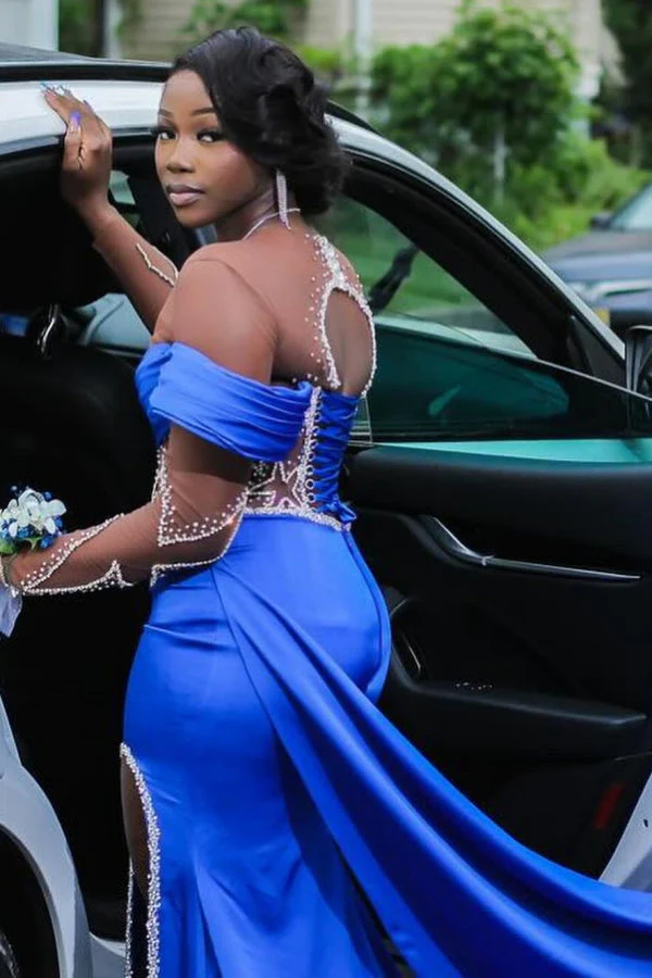 Royal Blue Long Sleeves Star Beadings Mermaid Side Slit Prom Dress - Image 3