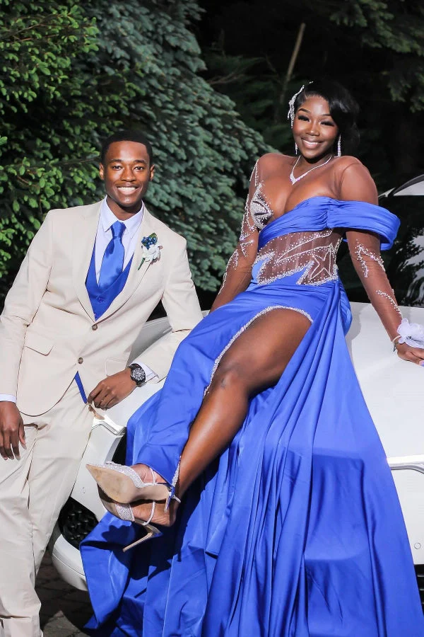 Royal Blue Long Sleeves Star Beadings Mermaid Side Slit Prom Dress - Image 5