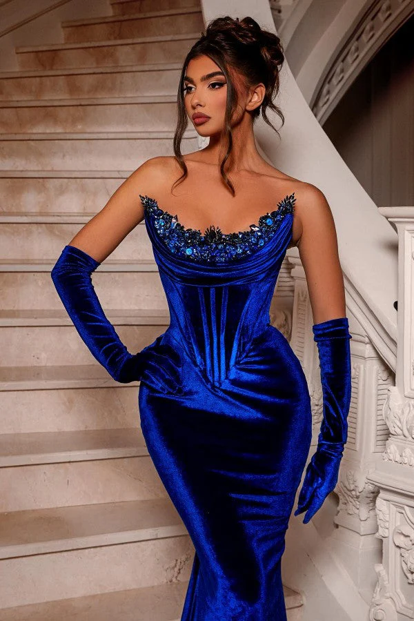 Royal Blue Long Velvet Beading Sleeveless Mermaid Prom Dresses - Image 2