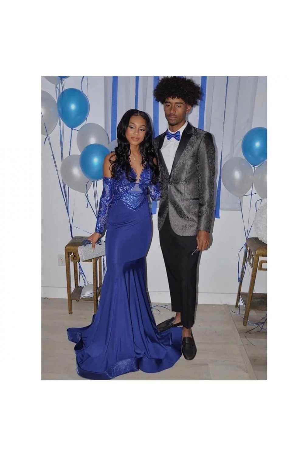 Royal Blue Mermaid Prom Party Gowns Sequined V-Neck Party Wear - Image 3