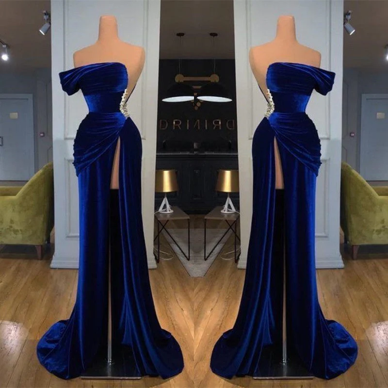 Blue Off-the-Shoulder Velvet Prom Dress Mermaid Long With Split - Image 2