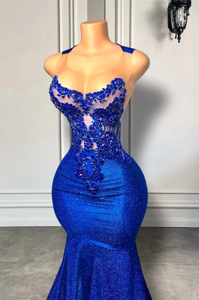 Royal Blue Round neck Mermaid Court Train Prom Dresses - Image 2