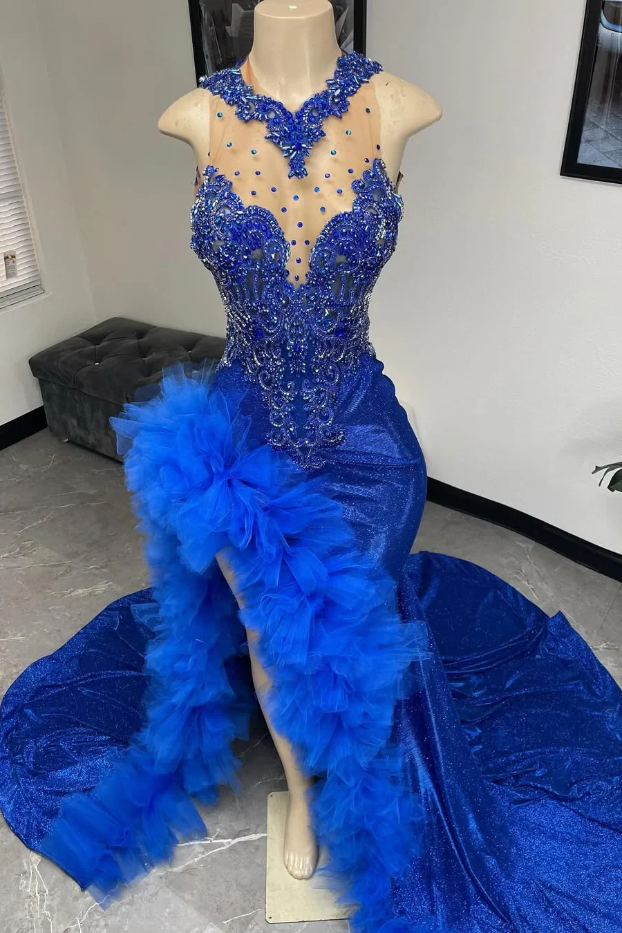 Royal Blue Ruffles High Split Court Train Sleeveless Hugh neck Prom Dresses - Image 2