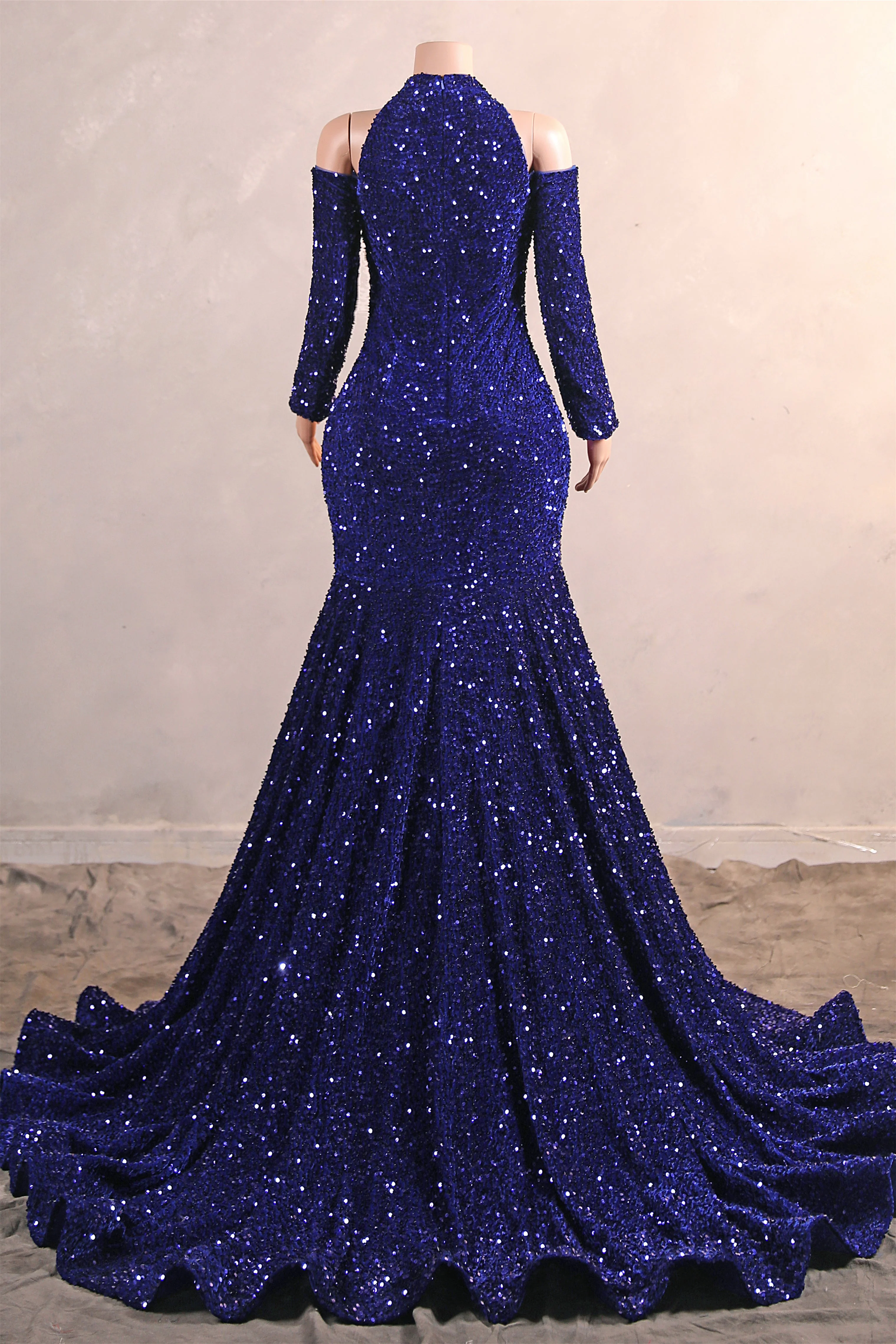 Royal Blue Sequin Mermaid High Neck Keyhole Prom Dresses - Image 2
