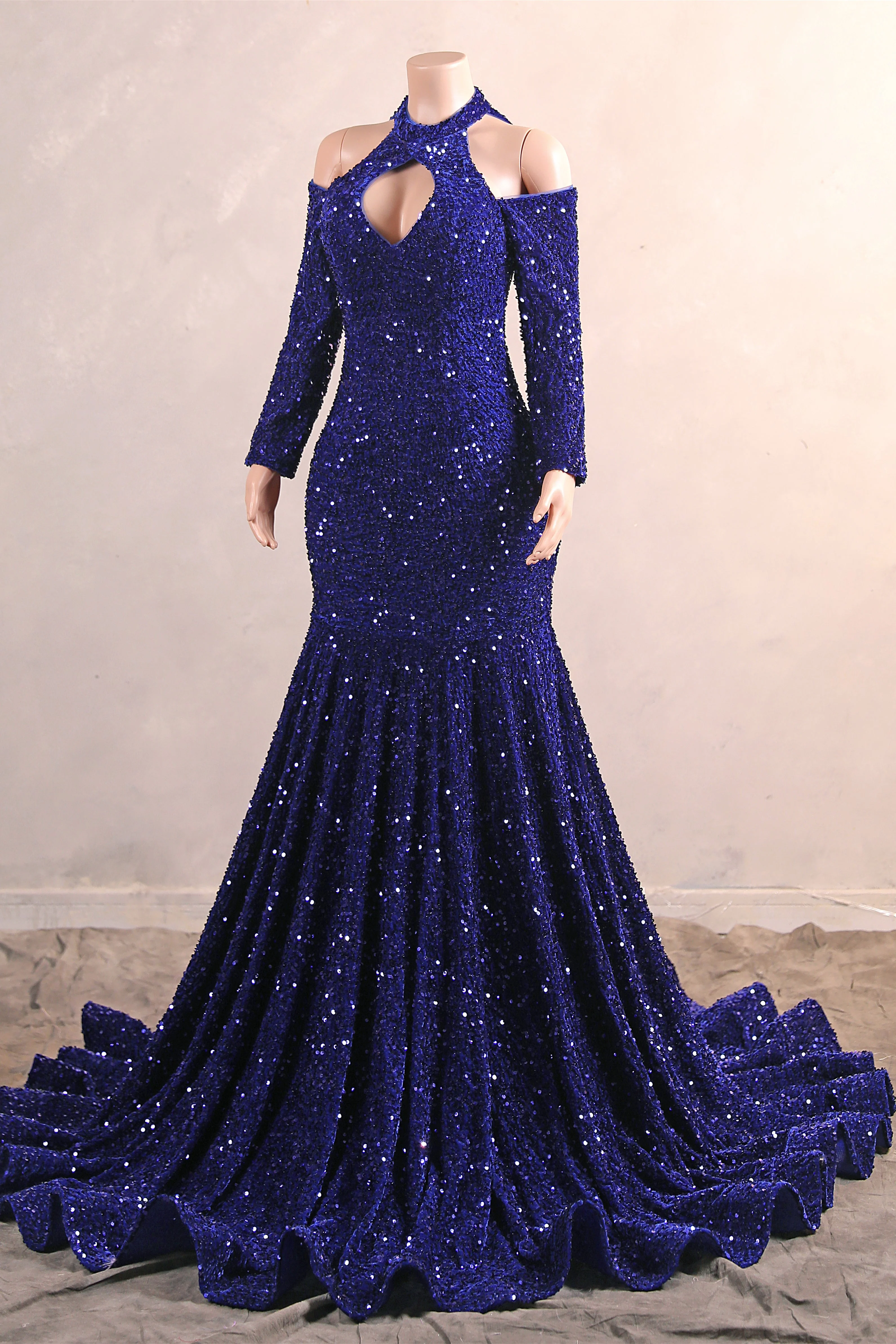 Royal Blue Sequin Mermaid High Neck Keyhole Prom Dresses - Image 7