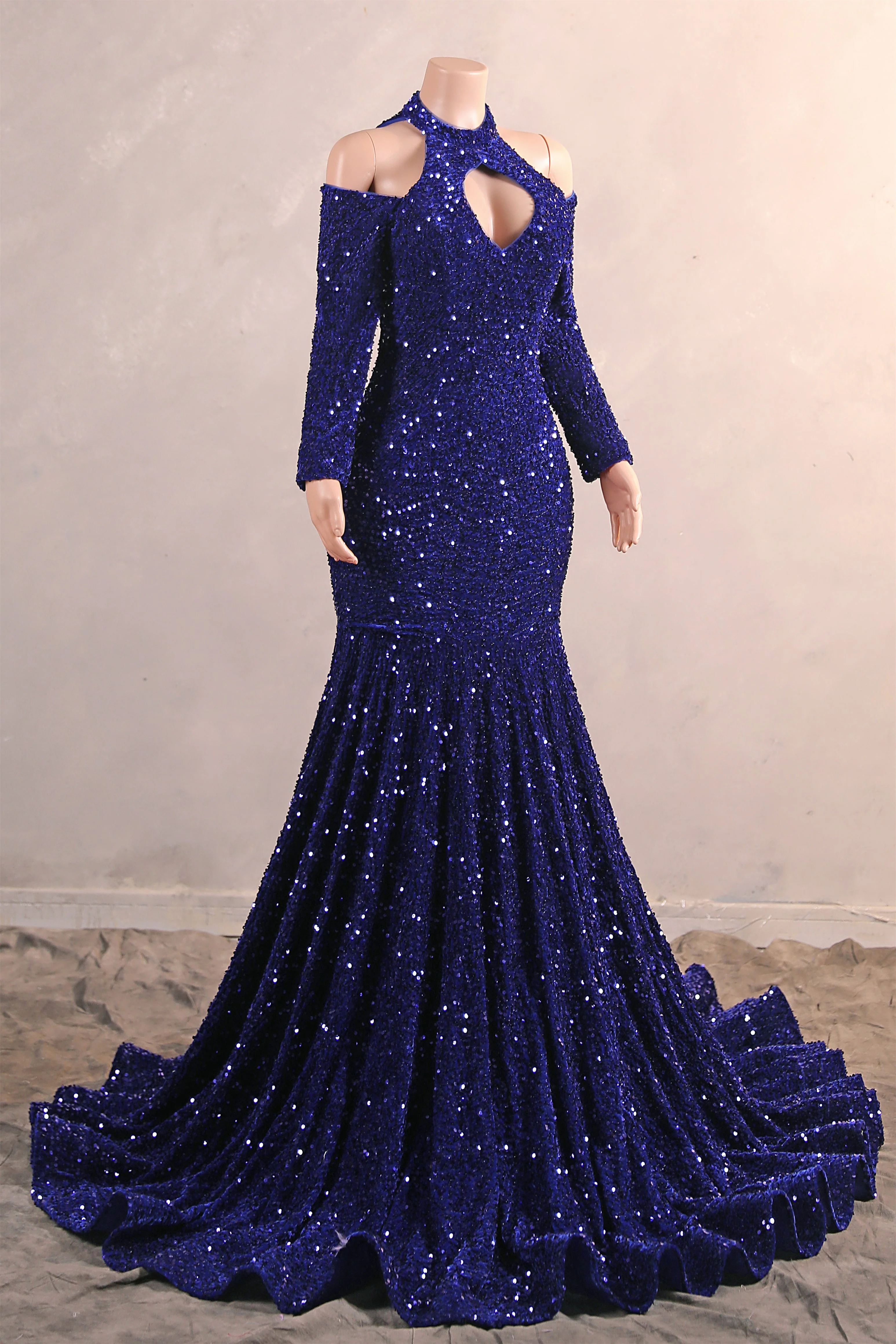 Royal Blue Sequin Mermaid High Neck Keyhole Prom Dresses - Image 8