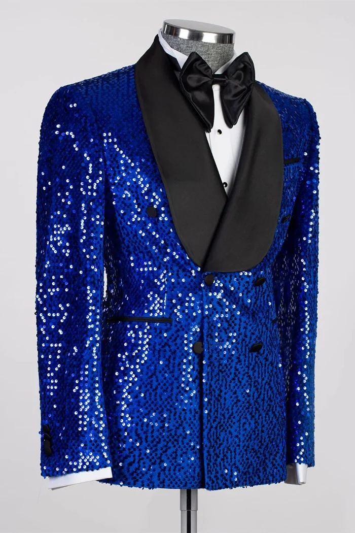 Royal Blue Sequin Shawl Lapel Double-Breasted Prom Suit - Image 3