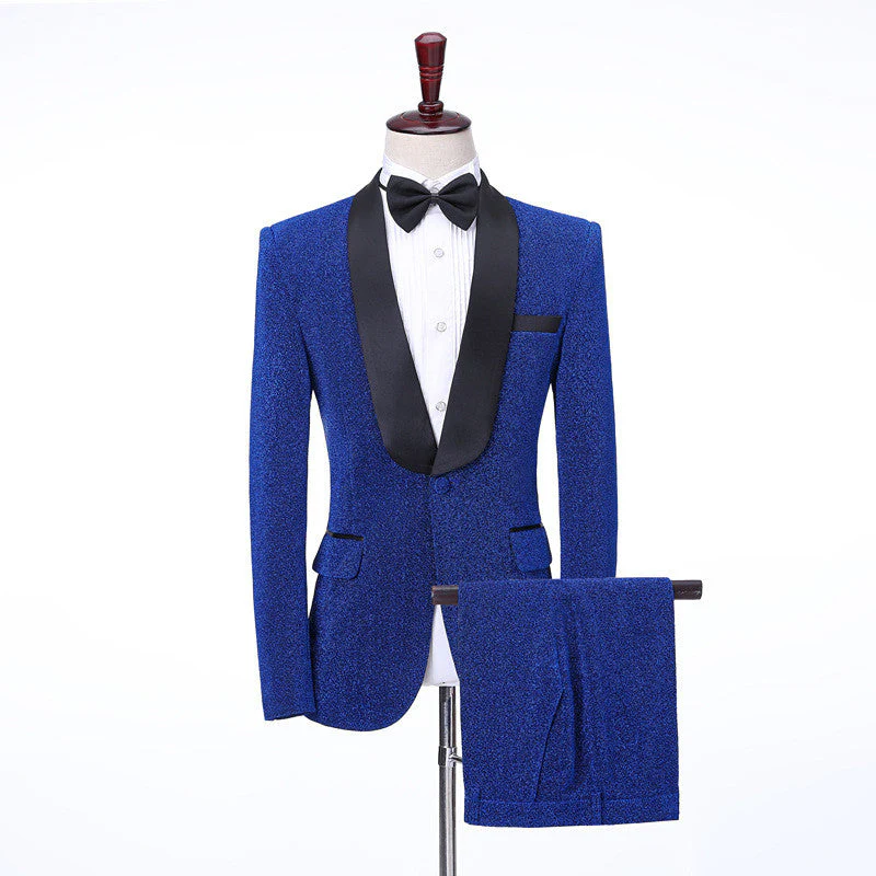 Royal Blue Shawl Lapel Shiny Slim Fit Wedding Men Suits - Image 2