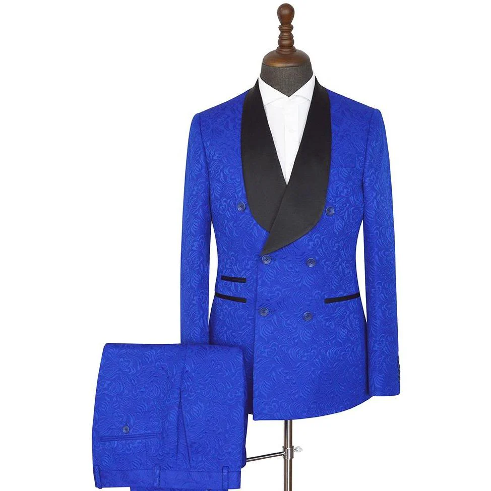 Royal blue Shawl Lapel Slim Fit Double Breasted Jacquard Wedding Suits - Image 2