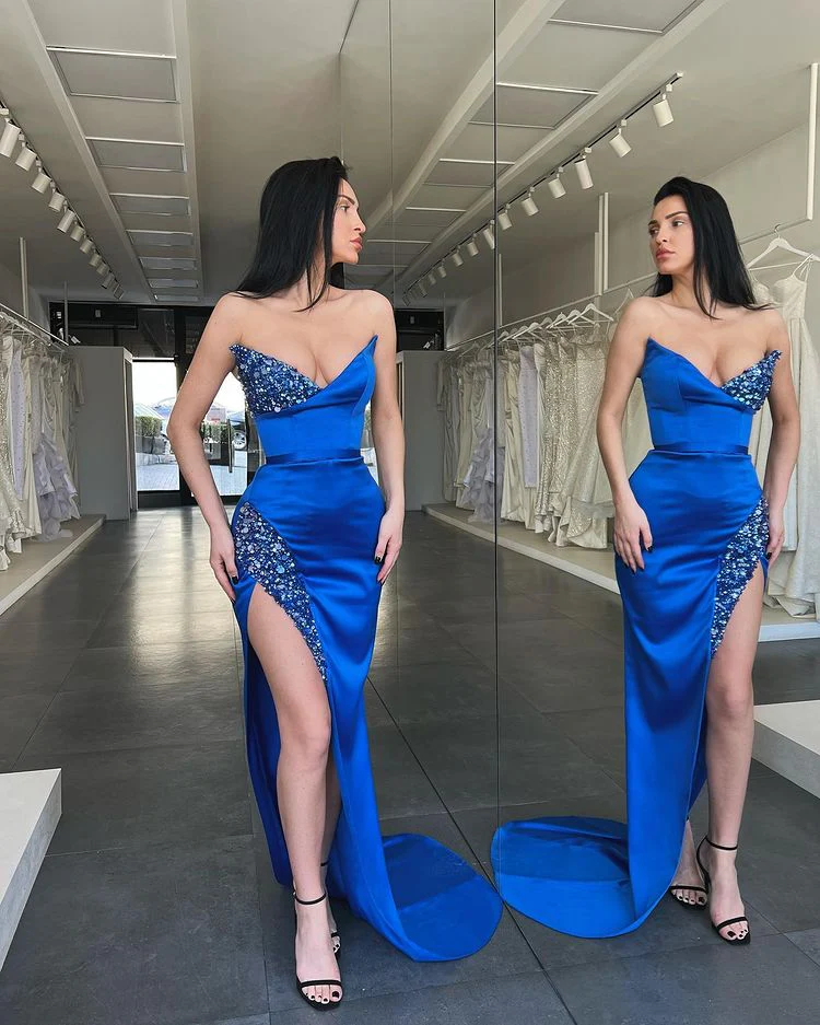 Royal Blue Sweetheart Mermaid Evening Dress Long Split With Sequins - Image 2