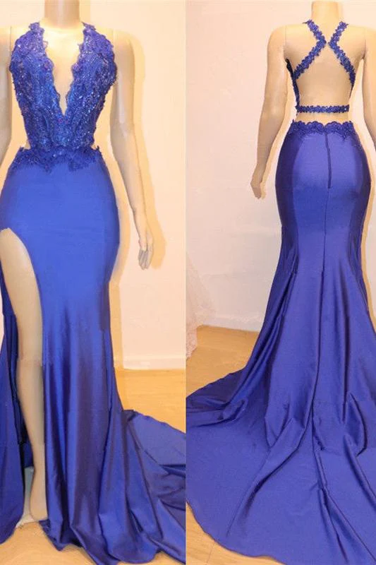 Royal Blue V-neck Open back Side Slit Mermaid Beads Lace Prom Dresses - Image 2