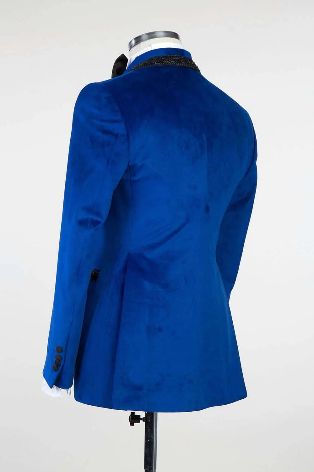 Royal Blue Velvet Knitted Button Prom Suit with Black Chains - Image 2