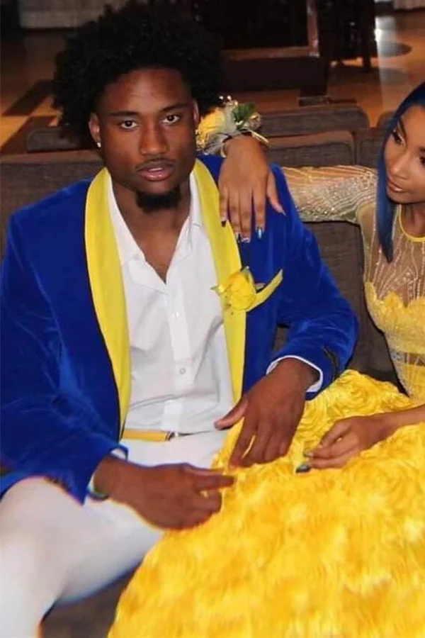 Royal Blue Velvet Prom Suit with Yellow Shawl Lapel - Image 2