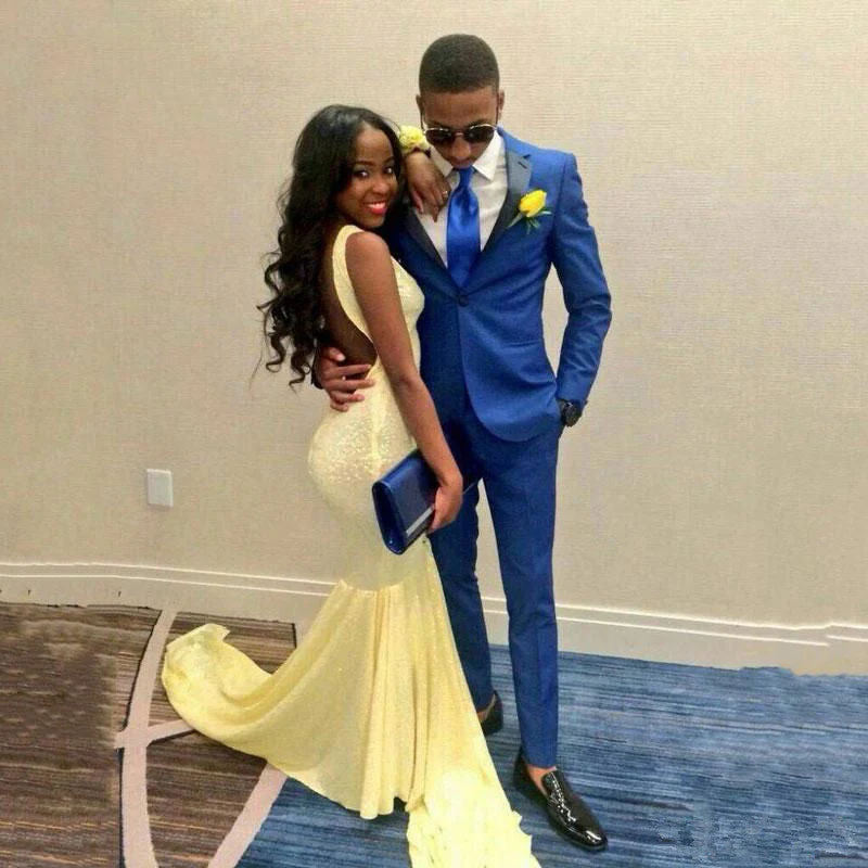 Royal Bule One Button Prom Outfits Two Pieces Men Suit with Black Lapel - Image 2