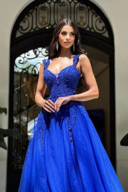 Royal Long Blue Sleeveless Prom Dresses A-line Lace Graduation Dresses - Image 2