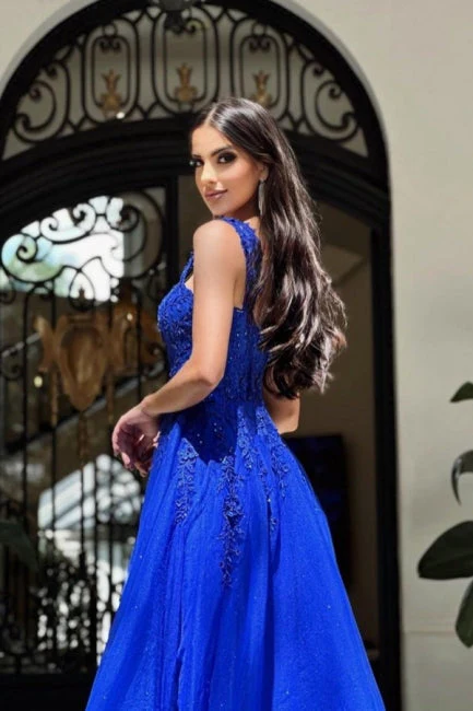 Royal Long Blue Sleeveless Prom Dresses A-line Lace Graduation Dresses - Image 3