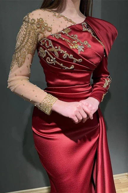 Ruby Long Sleeves Mermaid Stretch Satin Evening Prom Dresses with Ruffles - Image 2